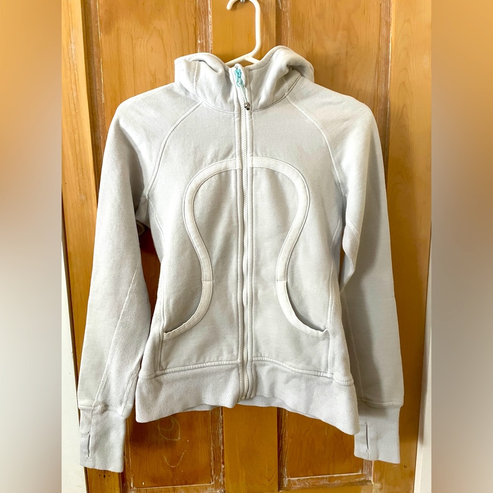 Lululemon Scuba Hoodie 2 or 3. Light grey/white stripe w/ white accents. Size 6.
